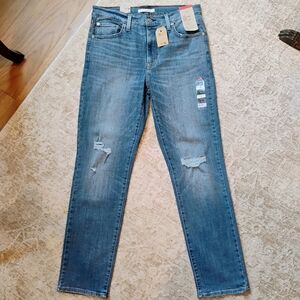 NWT 32 14 Tall Levi's 724 High Rise Slim Straight Distressed Denim Blue Jeans